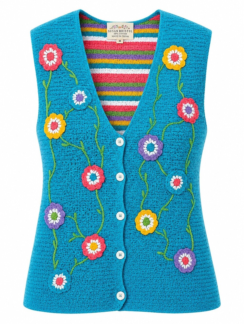 Vintage 90s Susan Bristol Turquoise Crochet Cottagecore Prairie Floral Vest M